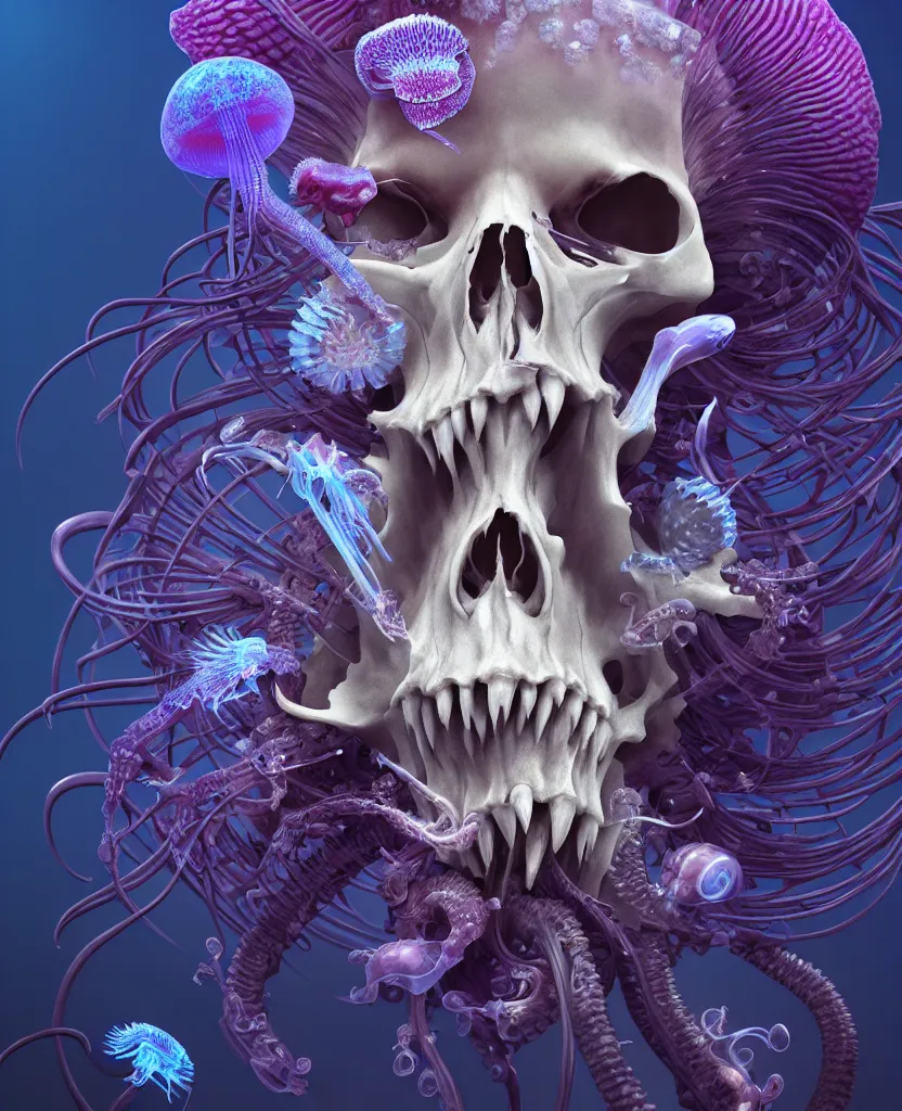 Image similar to goddess close-up portrait ram skull, thorax, x-ray, backbone, jellyfish phoenix head, nautilus, orchid, skull, betta fish, bioluminiscent creatures, intricate artwork by Tooth Wu and wlop and beeple. octane render, trending on artstation, greg rutkowski very coherent symmetrical artwork. cinematic, hyper realism, high detail, octane render, 8k