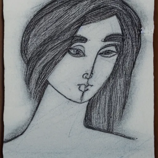 Prompt: portrait of a caring woman as line drawing in pressed black crayon on French light blue paper,slight wove texture