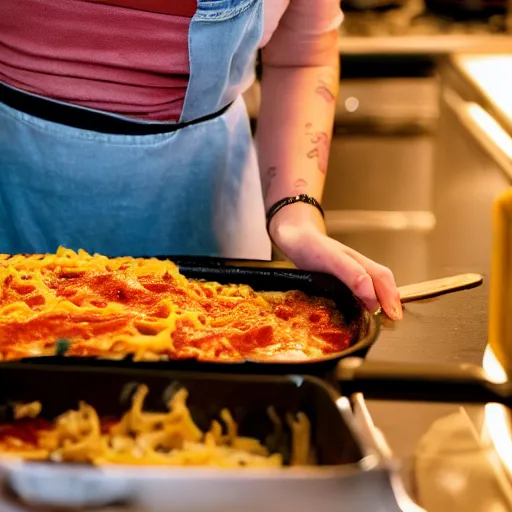 Image similar to hailey williams from paramore cooking lasagna, candid, 4 k