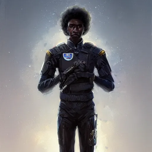 Image similar to portrait of a man by greg rutkowski, he is about 2 0 years old, mixture between afroamerican and japanese, afro hair, young, very tall and slender, he is wearing a futuristic police gear, highly detailed portrait, digital painting, artstation, concept art, smooth, sharp foccus ilustration, artstation hq