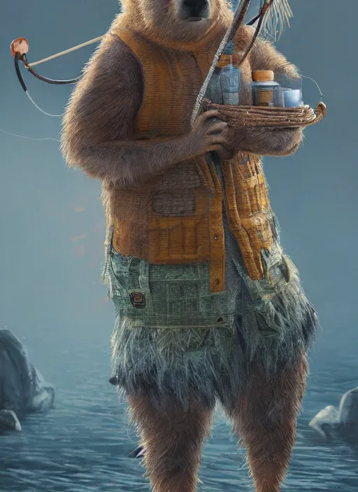 Image similar to detailed full body concept art illustration, soft focus, pastel painting on canvas of an anthropomorphic capybara fisherman in full intricate clothing, biomutant, dystopian, micro detail, octane render, 4K