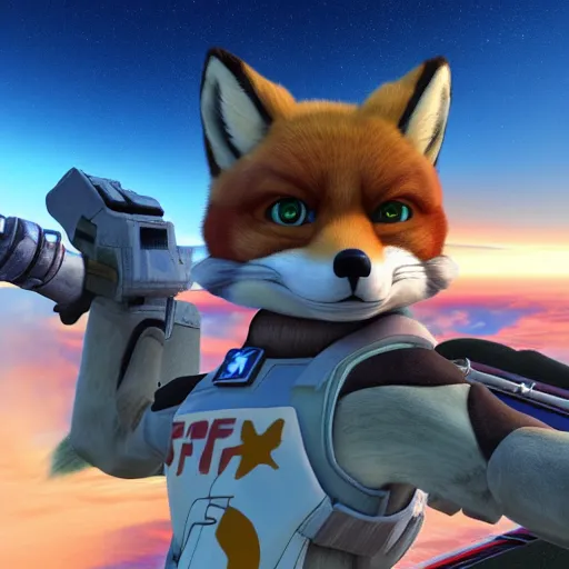 Image similar to high quality photo of star fox, fox mccloud, looking out at the ocean at sunset realism 8k award winning photo