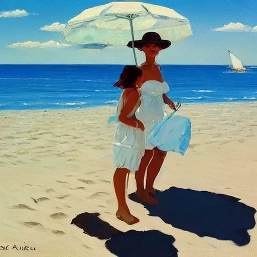 Image similar to a couple and a baby on a beach in sardinia, white sand, blue sky, summer, painting by jack vettriano