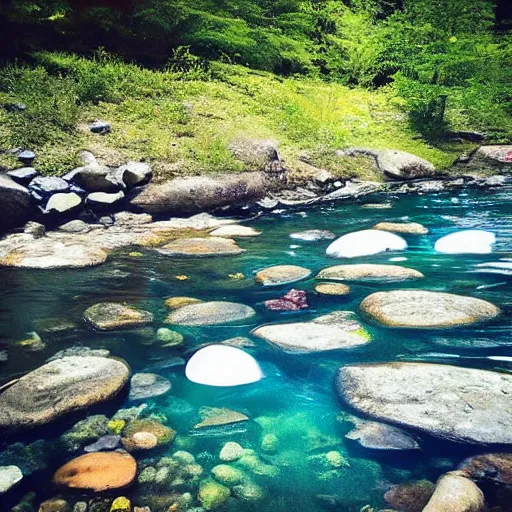 Image similar to “a river with clear water, oval stones, clean, pristine, clarity, realistic”