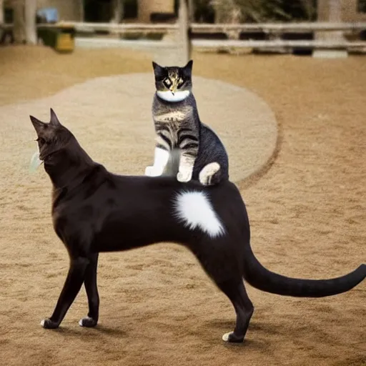 Prompt: a cat standing on a dog that riding a horse, realistic, 4k