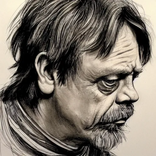Prompt: a realistic yet scraggly portrait sketch of the side profile of a stern and sophisticated mark hamill, trending on artstation, intricate details, in the style of frank auerbach, in the style of sergio aragones, in the style of martin ansin, in the style of david aja, in the style of mattias adolfsson