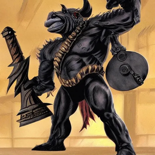 Prompt: a muscular gamorrean in black armor holding a vibrospear in the style of alex ross