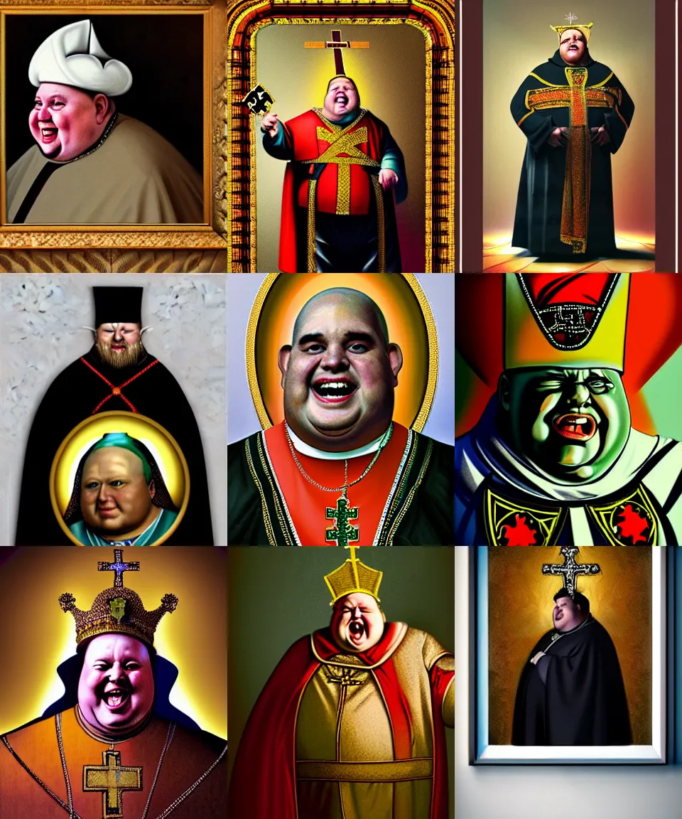 Prompt: half body shot, portrait of a morbidly obese, evil, laughing radioactive archbishop, hyper realistic, wearing a big catholic mitre with the nuclear symbol and intrincate details. luxurious clothes, classic painting. artstation, digital painting, realism, rembrandt, van lieven, dramatic lighting