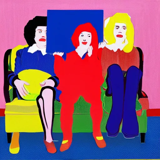 Image similar to A typical suburban family, who are hiding deep and dark secrets, Pop Art painting by David Hockney