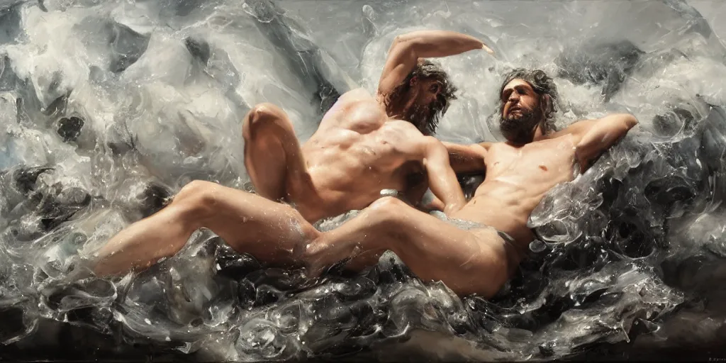 Image similar to highly detailed photography of poseidon with crystals, dust particles, big rocks, sharp focus, dramatic scene, aesthetic, dynamic lighting, elegant, harmony, masterpiece, by jenny saville, by ben aronson, by james jean, by roberto ferri, by jeremy mann, by lucian freud, by kent williams, high quality