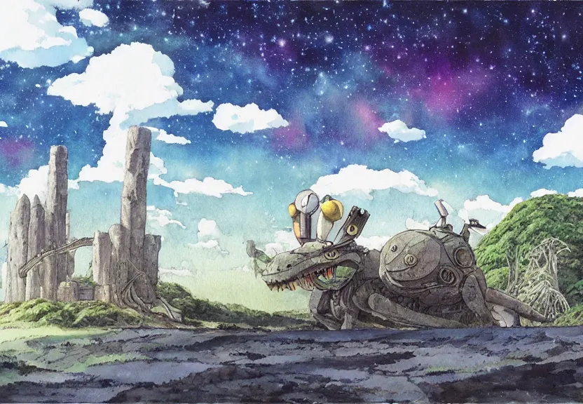 Image similar to a hyperrealist watercolor concept art from a studio ghibli film showing a giant grey mechanized crocodile from howl's moving castle ( 2 0 0 4 ). stonehenge is under construction in the background, in the rainforest on a misty and starry night. by studio ghibli