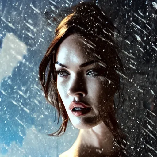 Prompt: double - exposure effect of megan fox face in beautiful mountains, in the style of dan mountford, amazing detail