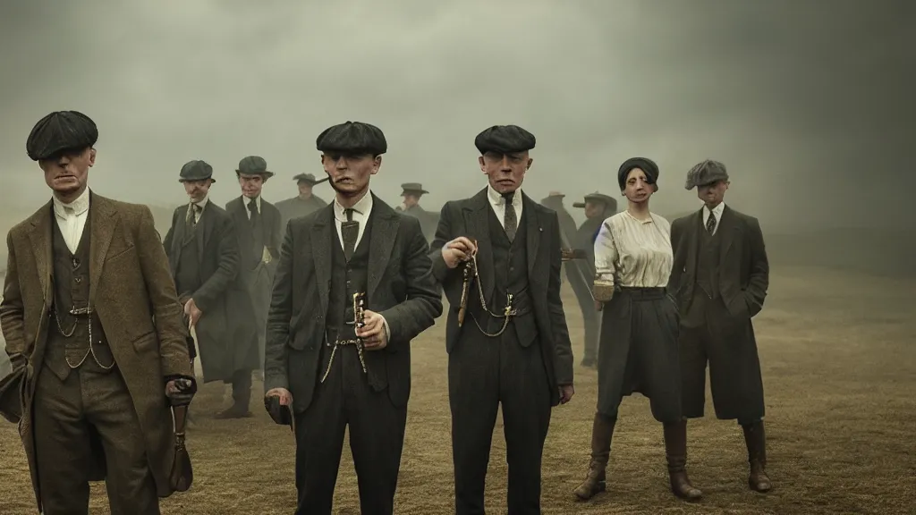 Image similar to the peaky blinders with peanuts heads, film still from the movie directed by denis villeneuve with art direction by zdzis