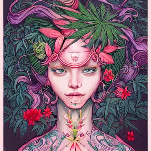 Image similar to goddess of plant medicine art by james jean, and art by loish highly detailed painting trending on arstation vivid colors cannabis