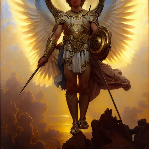 Prompt: saint michael the angel, guarding the world from evil. highly detailed painting by gaston bussiere, greg rutkowski, j c leyendecker 8 k