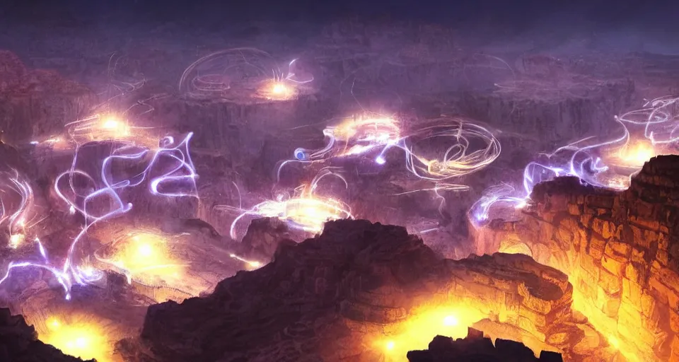 Image similar to night, a lot of people and a spiral - shaped white luminous attractor is floating in grand canyon, concept art, art for the game, professional lighting, art