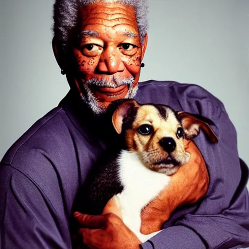 Prompt: Morgan Freeman holding a puppy for a 1990s sitcom tv show, Studio Photograph, portrait C 12.0