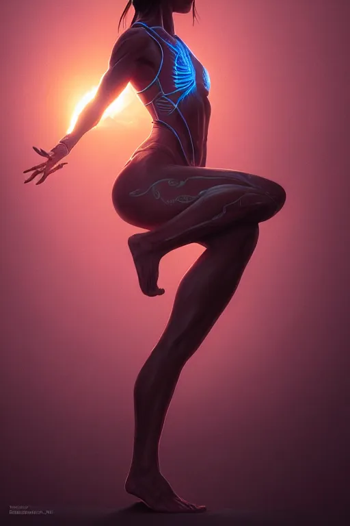 Image similar to detailed intricate digital illustration by greg rutkowski and artgerm and wlop and sanford robinson gifford ; yoga pose. radiant glowing veins ; 1 3 mm film, arri alfa anamorphic lens, sharp focus ; lit from behind, edge lighting, trending on artstation 8 k