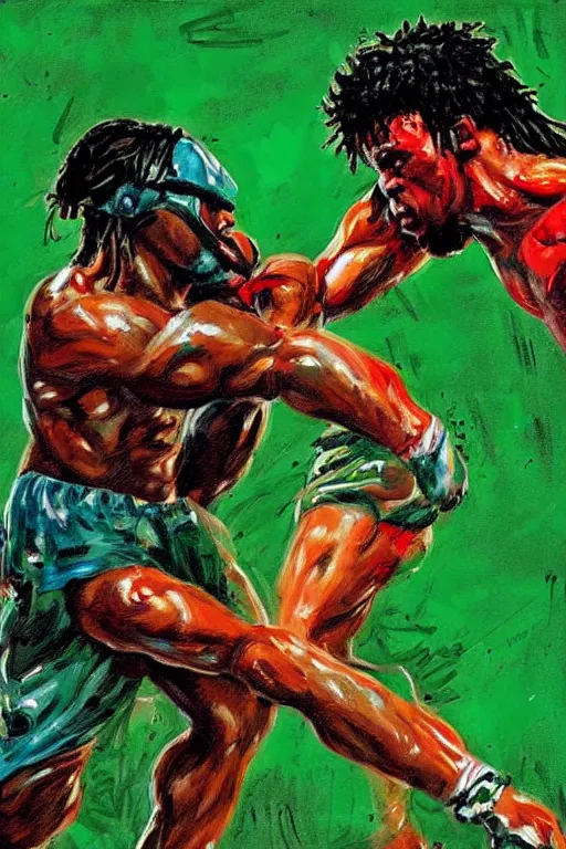 Image similar to fight between rocky balboa and the predator, artstation, concept art, smooth, sharp foccus ilustration hq, painting in the style of leroy neiman, green tones