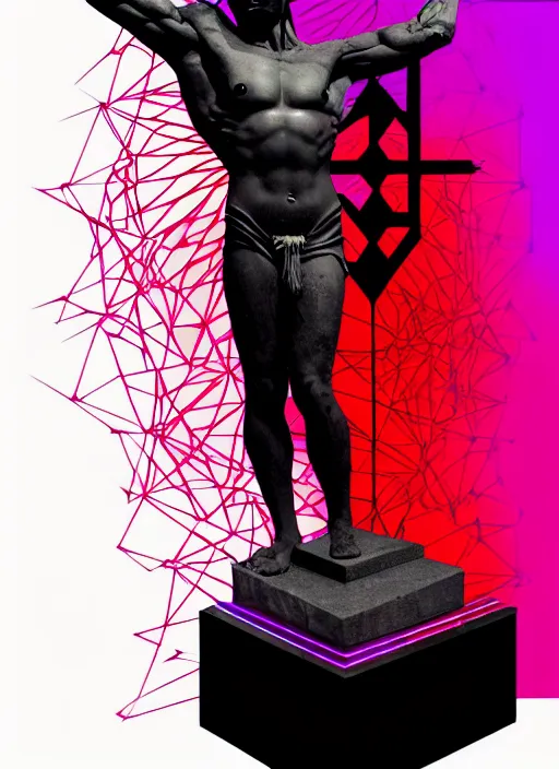 Image similar to black background with subtle red and purple geometric design elements, statue of hercules, nekro, graphic design, collage art, thin lines, dark, glitch art, neo vaporwave, gritty, layout frame, trending on artstation