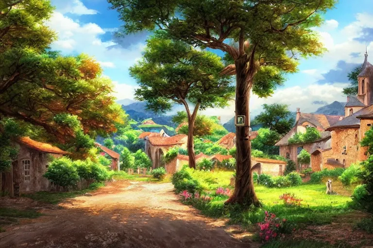 Prompt: Very beautiful french countryside painting by City Hunter anime HD and Naïve Art HD and Toei animation backgrounds, nice lighting, soft and clear shadows, low contrast, perfect
