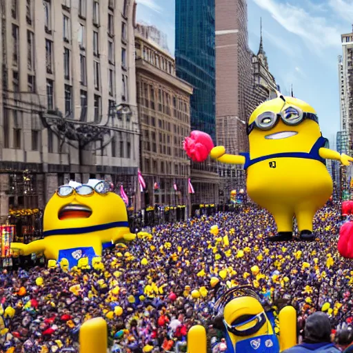 Prompt: photo of giant minion parade float in the macys thanksgiving parade, detailed 4 k photo