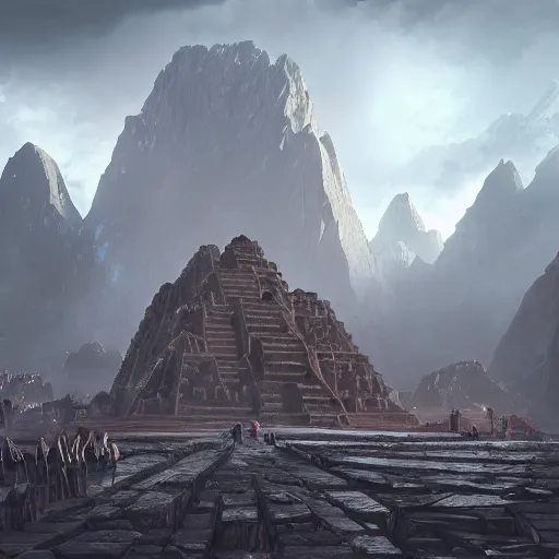 Image similar to incan style stone carved mega structures empowered by crystal skulls, sci-fi futuristic atmosphere, by Cedric Peyravernay, highly detailed, excellent composition, cinematic concept art, dramatic lighting, trending on ArtStation