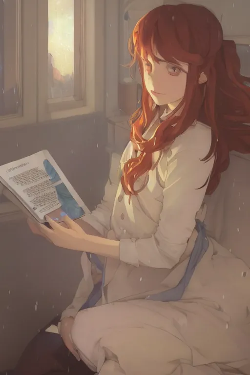 Image similar to a teenage girl in a jk uniform outfit in the bedroom reading a book in a night, raining outside the window, grey and orange theme ， wavy white long hair, by krenz cushart and mucha and akihito yoshida and greg rutkowski and makoto shinkai, detailed eyes, 4 k resolution