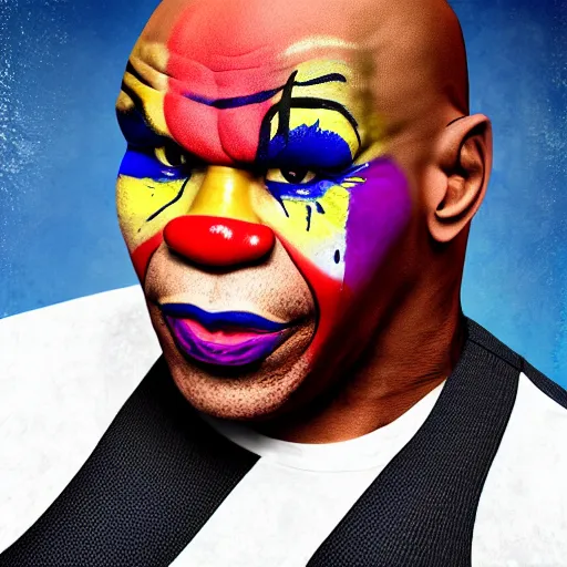 Image similar to UHD photorealistic Mike Tyson wearing a clown costume with real clown makeup by Miguel Vasquez