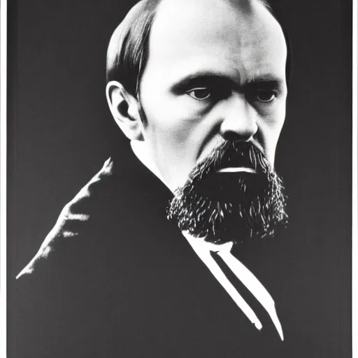 Image similar to black and white photo of old portrait of dostoyevsky by david bailey created at modern world in 4 k ultra high resolution and with medium shot