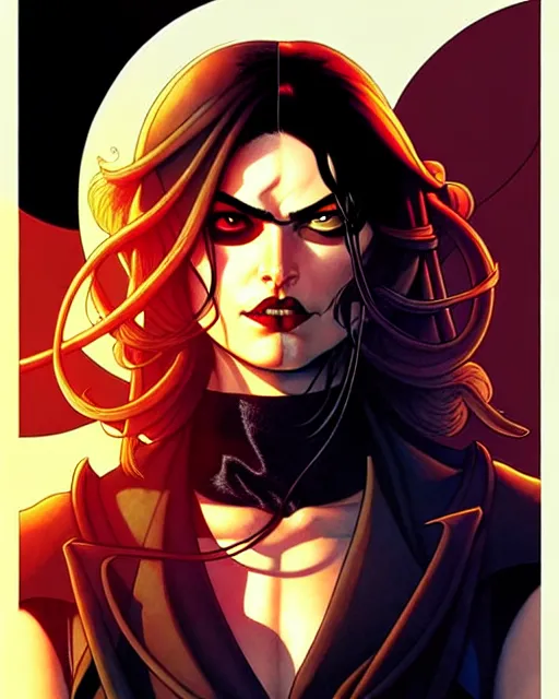 Image similar to rafael albuquerque comic cover art, artgerm, joshua middleton, pretty pirate phoebe tonkin smiling, symmetrical eyes, symmetrical face, long curly black hair, full body, on a pirate ship, warm colors