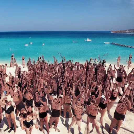 Prompt: army of skeletons party on the beach in Ibiza