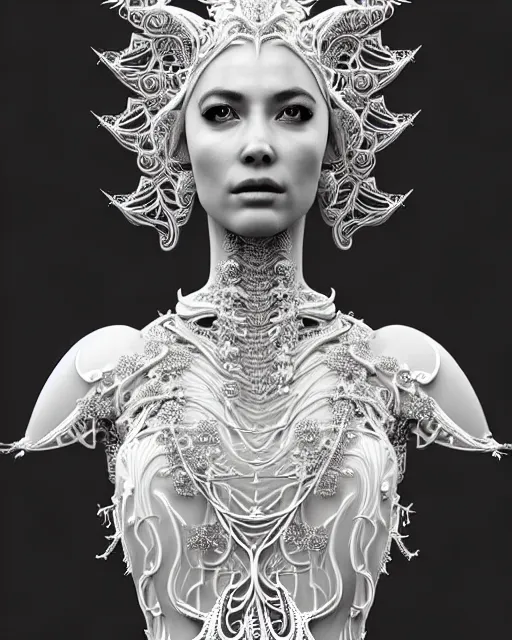 Image similar to bw 3 d render of a beautiful female queen - cyborg - vegetal, dressed in long elegant intricate ornamental white dress, intricate fractal ornament in the bust with a very long neck, elegant, highly detailed intricate baroque ornament in her blond long hair, realistic, refined, highly detailed, cinematic outdoor lighting, fine art photography by flora borsi, volumetric lighting, hyper realistic photography