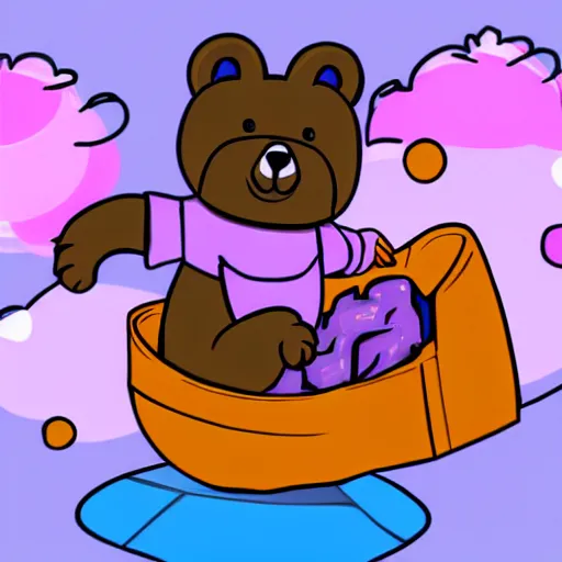 Image similar to cartoon bear wearing clothes being launched out of a futuristic machine into a purple and orange cloud land