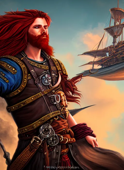 Prompt: An epic fantasy comic book style portrait painting of a long haired, red headed male sky-pirate in front of an airship in the style of the wheel of time, unreal 5, DAZ, hyperrealistic, octane render, cosplay, RPG portrait, dynamic lighting