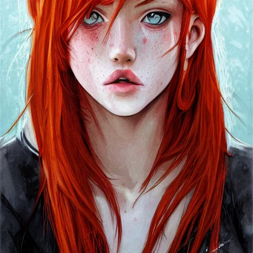 Prompt: a comic portrait of a red haired teenager girl, fine - face, realistic shaded perfect face, freckles, fine details, day setting. realistic shaded lighting poster by eric - anthony johnson and kentaro miura style, trending on art station