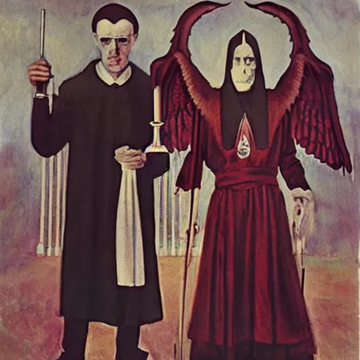 Image similar to aleister crowley and baphomet in the style of american gothic