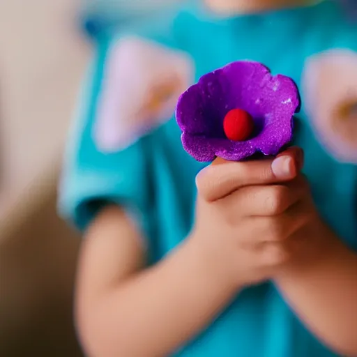 Image similar to the little prince smiling with a purple flower on his hand. made of clay