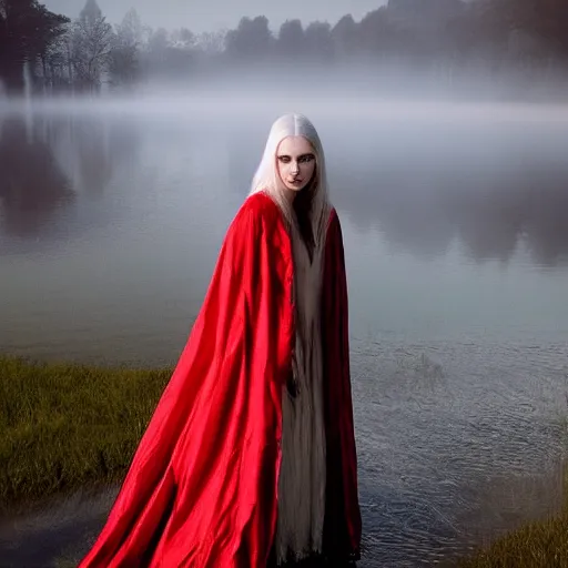 Prompt: beautiful lady with white long hair and dressed with a red victorian cloak, standing in a lake, mist, morning light, photorealistic