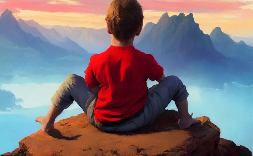 Prompt: A kid wearing a red shirt sitting on a cliff and looking at the scenery, sunset, beautiful mountains, oil painting by Frank Frazetta, digital art, WLOP, artstation, Mandy Jurgens