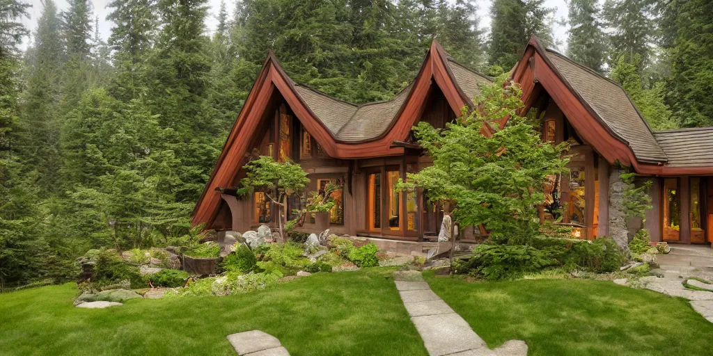 Image similar to residence in the style of rivendell, pacific northwest