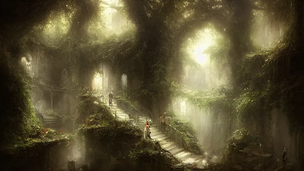 Image similar to hidden underground is a tiny, secret garden. andreas achenbach, artgerm, mikko lagerstedt, zack snyder, tokujin yoshioka