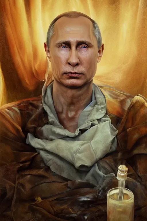 Prompt: hyperrealistic mixed media painting of Vladimir Putin on a deathbed inhaling from Copium tank, dimly lit cozy tavern, leather tunic, confident relaxed pose, d&d, stunning 3d render inspired art by Tim Okamura and Lise Deharme + perfect facial symmetry + dim volumetric lighting, 8k octane beautifully detailed render, post-processing, extremely hyperdetailed, intricate, epic composition, grim yet sparkling atmosphere, cinematic lighting + masterpiece, trending on artstation, very very detailed, masterpiece, stunning