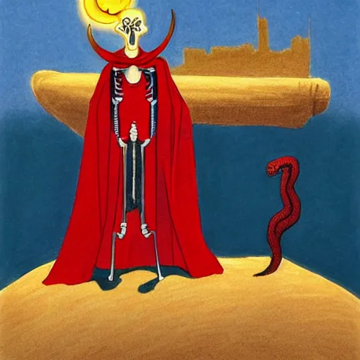 Image similar to A beautiful drawing of a horned, red-eyed, skeleton-like creature, with a long black cape, and a staff with a snake wrapped around it, standing in front of a castle atop a cliff. ikebana by Vincent Di Fate, by Frank Lloyd Wright intuitive