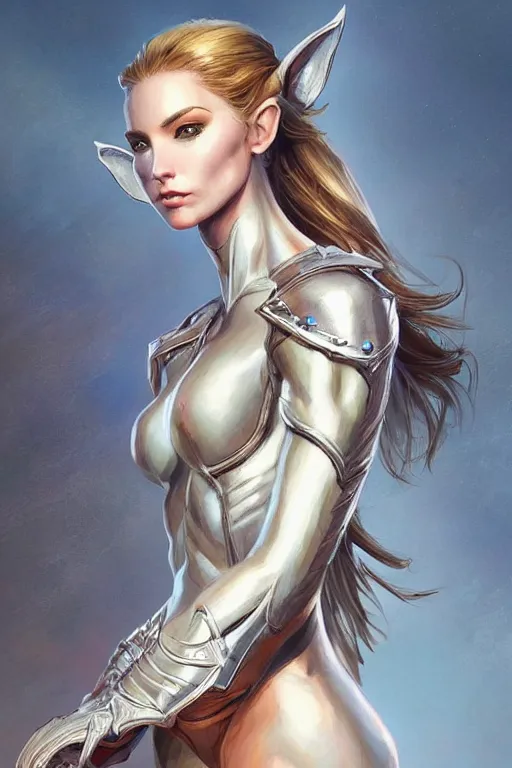 Image similar to three-quarters pose of a beautiful woman, slim body, shining armor, elf warrior, fantasy, intricate, elegant, highly detailed, digital painting, artstation, concept art, matte, sharp focus, illustration, art by Artgerm and Peter Andrew Jones