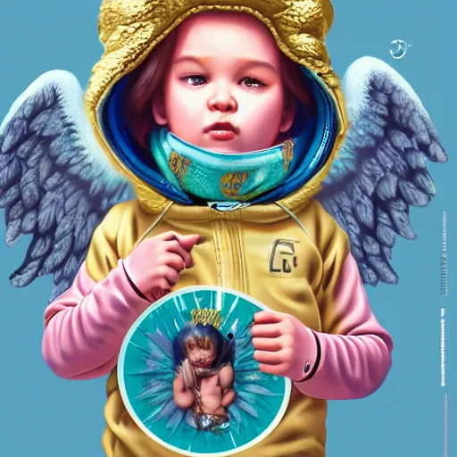 Prompt: Lofi vaporwave portrait baby cherub angel, ski mask, balaclava, face covered, Gucci, Nike, Chanel, multiple gold chains, Pixar style, Tristan Eaton, Stanley Artgerm, Tom Bagshaw