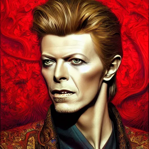 Image similar to portrait of David Bowie, fantasy, intricate, elegant, highly detailed, digital painting, artstation, concept art, smooth, sharp focus, illustration, art by artgerm and greg rutkowski and alphonse mucha