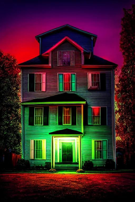 Prompt: scary october neighborhood, a sense of fright : : time - lapse : : hyperspectral imaging : : wide angle : : brenizer method : : dichromatism : : technicolor : : kinemacolor : : underdimensional : : beyond - dimensional : : 3 2 k : : dci - p 3 : : rim lights : : moody lighting