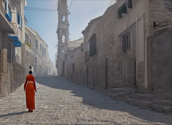 Image similar to a woman in a fed skirt walking the narrow streets of athens, painted by, mc escher, gordon onslow ford, georgia o'keeffe and ivan aivazovsky, cinematic light, god rays, colourful, unreal engine, zbrush central,