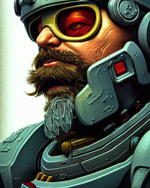 Image similar to torbjorn from overwatch, character portrait, portrait, close up, concept art, intricate details, highly detailed, vintage sci - fi poster, retro future, vintage sci - fi art, in the style of chris foss, rodger dean, moebius, michael whelan, and gustave dore